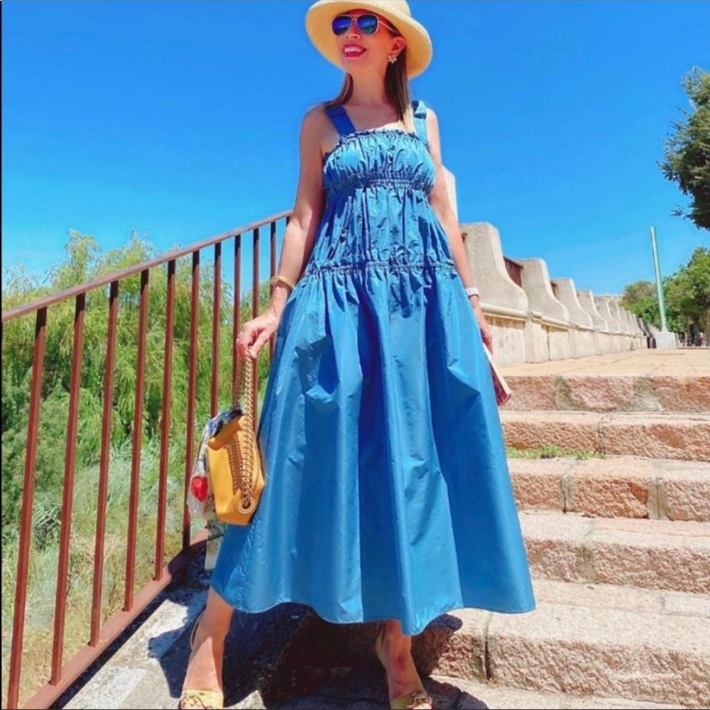 ZARA BLUE TAFFETA TIE RUFFLE DRESS S NWT